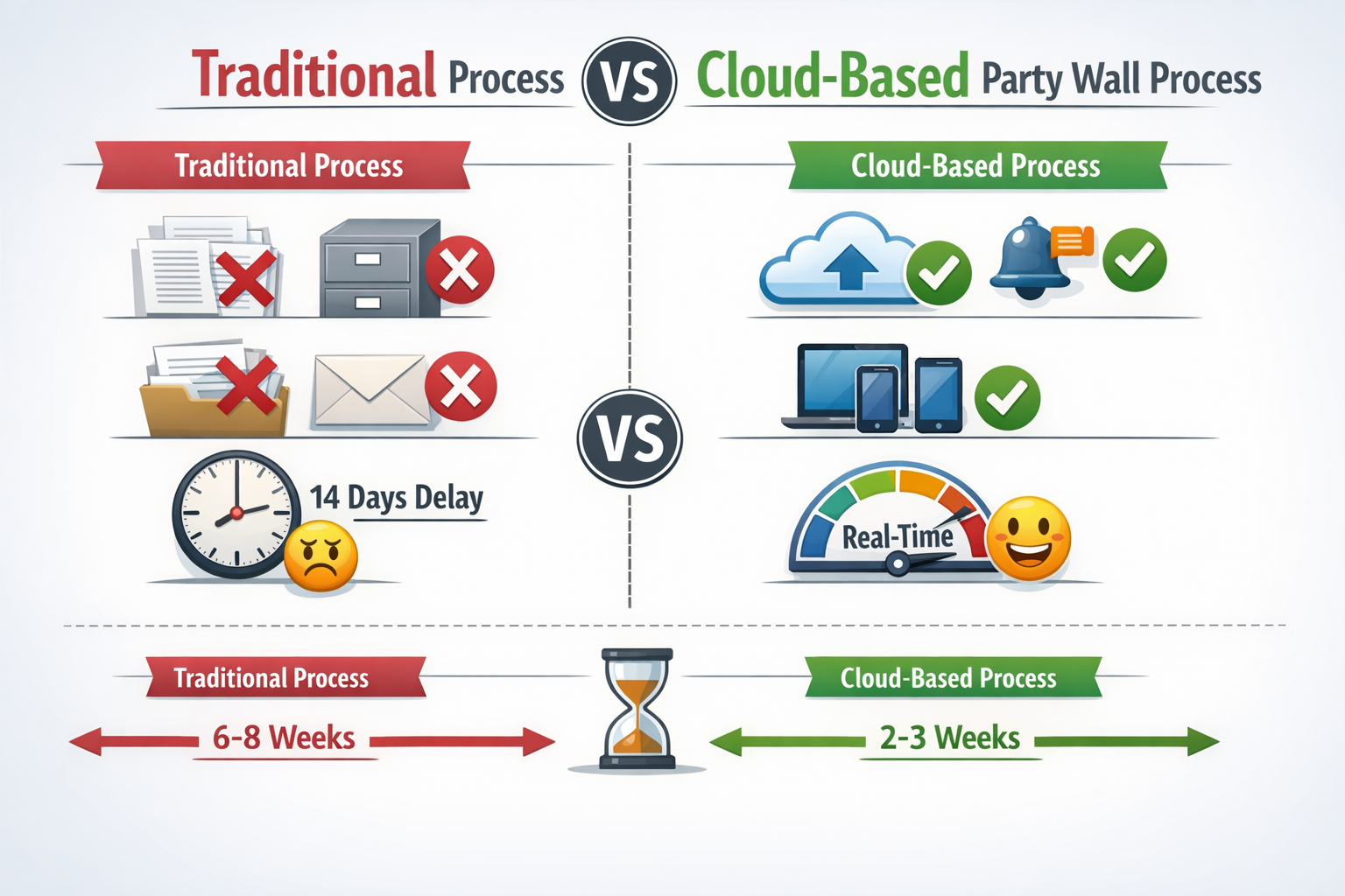 Detailed () infographic-style image displaying side-by-side comparison chart titled 'Traditional vs Cloud-Based Party Wall
