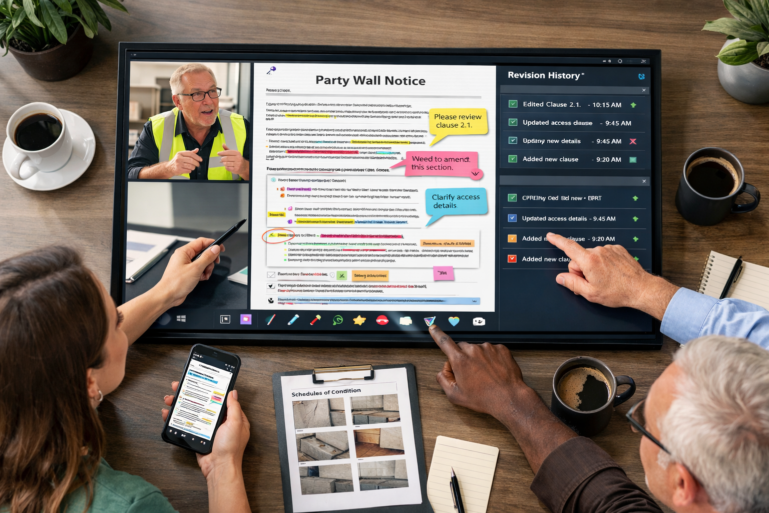 Detailed () image showing overhead bird's-eye view of collaborative workspace with three professionals around modern