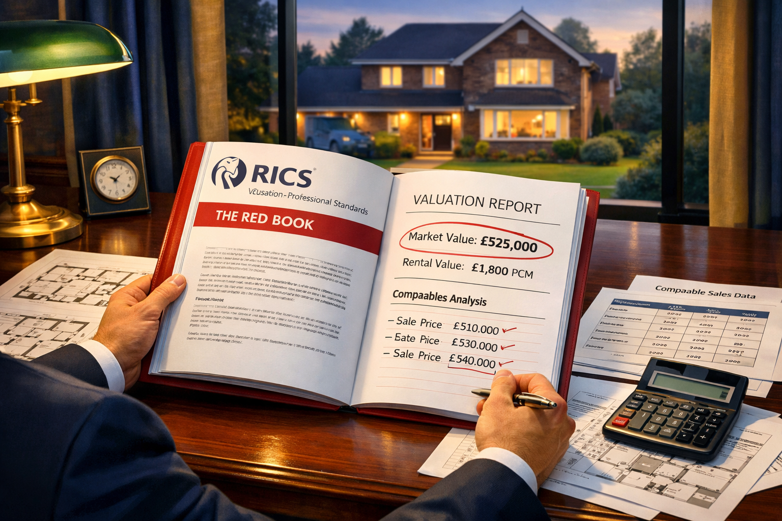 () editorial illustration showing a chartered surveyor in formal attire reviewing a large RICS Red Book valuation report at