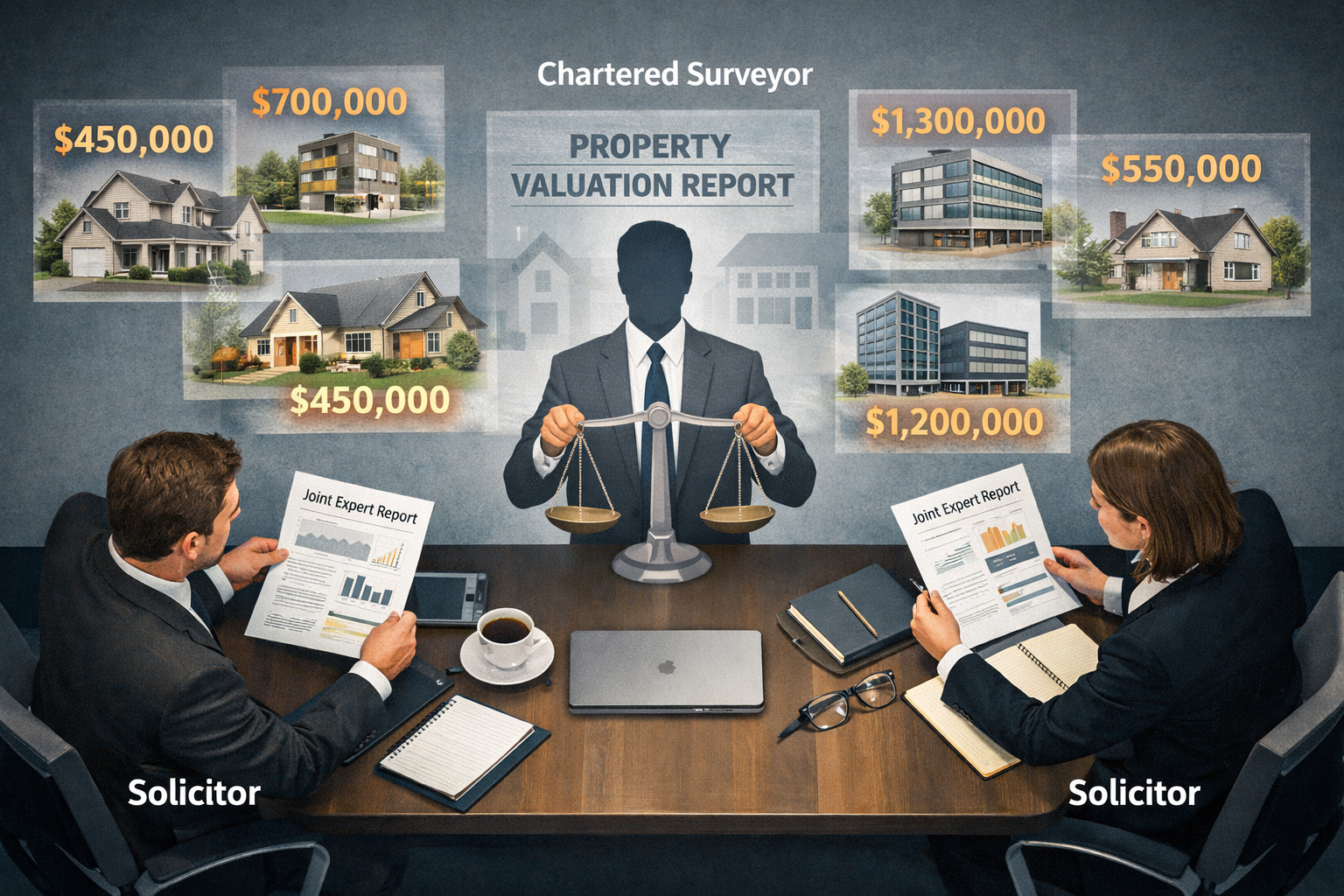 () split-panel infographic-style image showing two solicitors on opposite sides of a conference table reviewing a joint