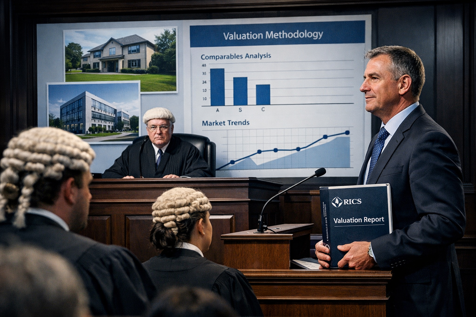 () dramatic courtroom scene showing a confident expert witness surveyor standing at a witness box holding a bound