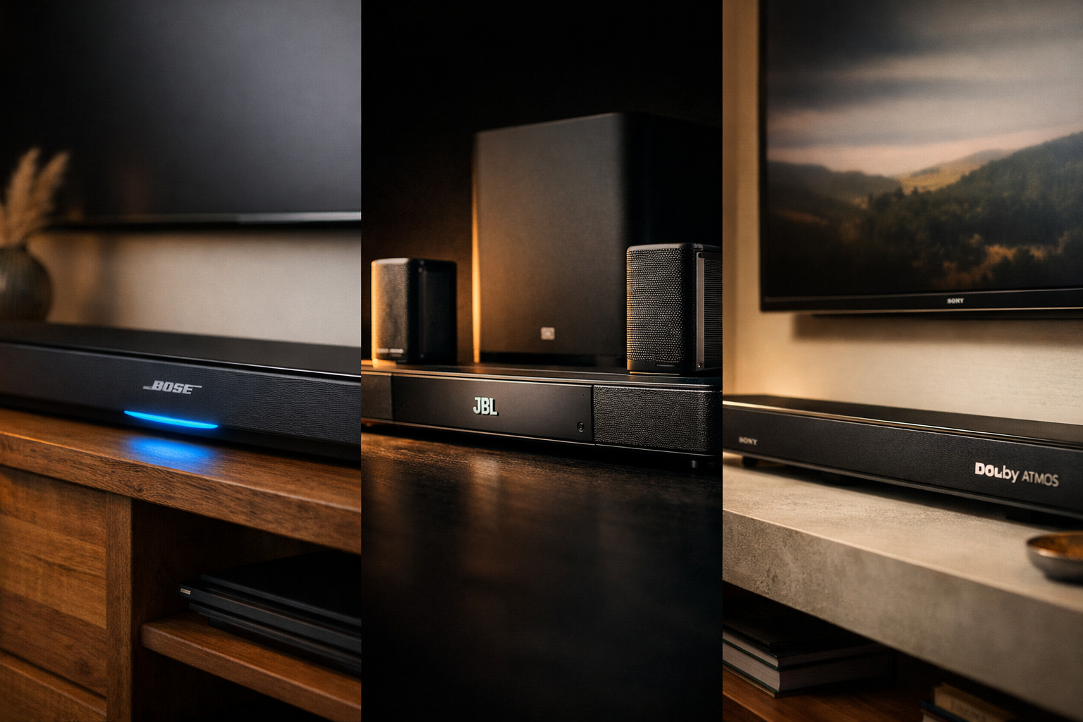 Landscape format (1536x1024) premium soundbar showcase featuring three distinct product angles. Left third shows Bose Smart Ultra Soundbar in matte black finish on wooden shelf with Alexa blue ring glowing. Center displays JBL Bar 1300X with detachable surround speakers arranged in home theater configuration, dramatic side lighting highlighting speaker grilles. Right third features Sony flagship model with Dolby Atmos badge visible, positioned below wall-mounted 4K TV. Modern minimalist living room background, warm accent lighting, professional product photography style with shallow depth of field, high-end audio equipment aesthetic 