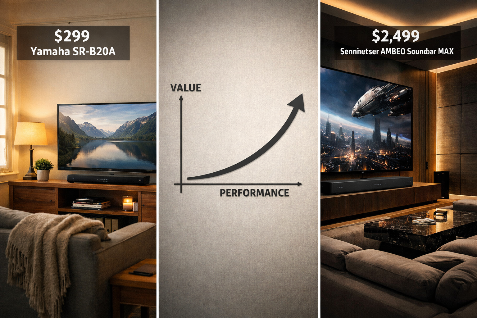 Landscape format (1536x1024) split-screen comparison visual showing budget versus premium soundbar setups. Left half displays affordable Yamaha SR-B20A soundbar in compact apartment setting with price tag overlay ($299), simple TV stand, cozy atmosphere with natural lighting. Right half shows luxury Sennheiser AMBEO Soundbar MAX in spacious modern home theater with price overlay ($2,499), premium furniture, dramatic architectural lighting, large screen TV. Connecting element in center shows value-to-performance ratio graph with ascending curve. Professional interior photography style, balanced composition, editorial quality with realistic color grading 