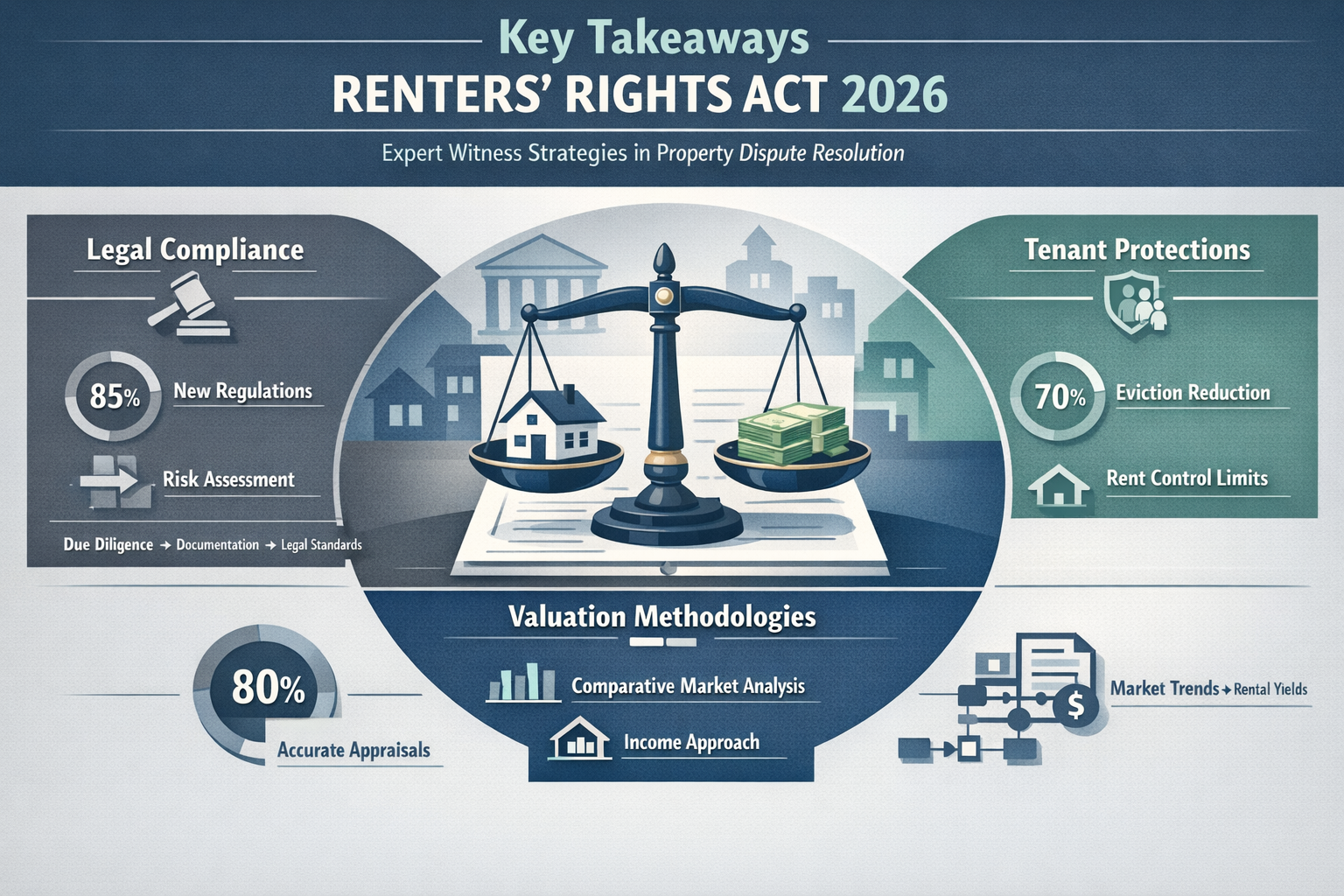 Infographic-style visual representing 'Key Takeaways' for Renters' Rights Act 2026, featuring a modern legal/real estate