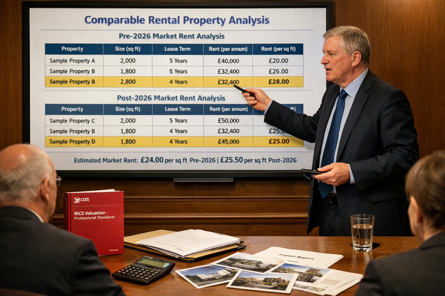 () professional scene showing expert witness presenting property valuation evidence in tribunal setting, large screen