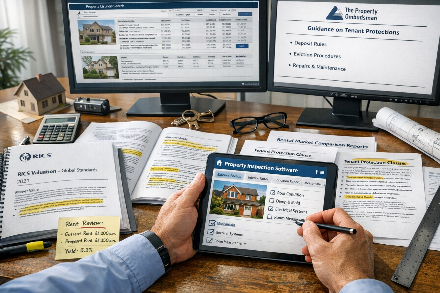() close-up detailed view of property valuation methodology workspace showing surveyor's hands using digital tablet