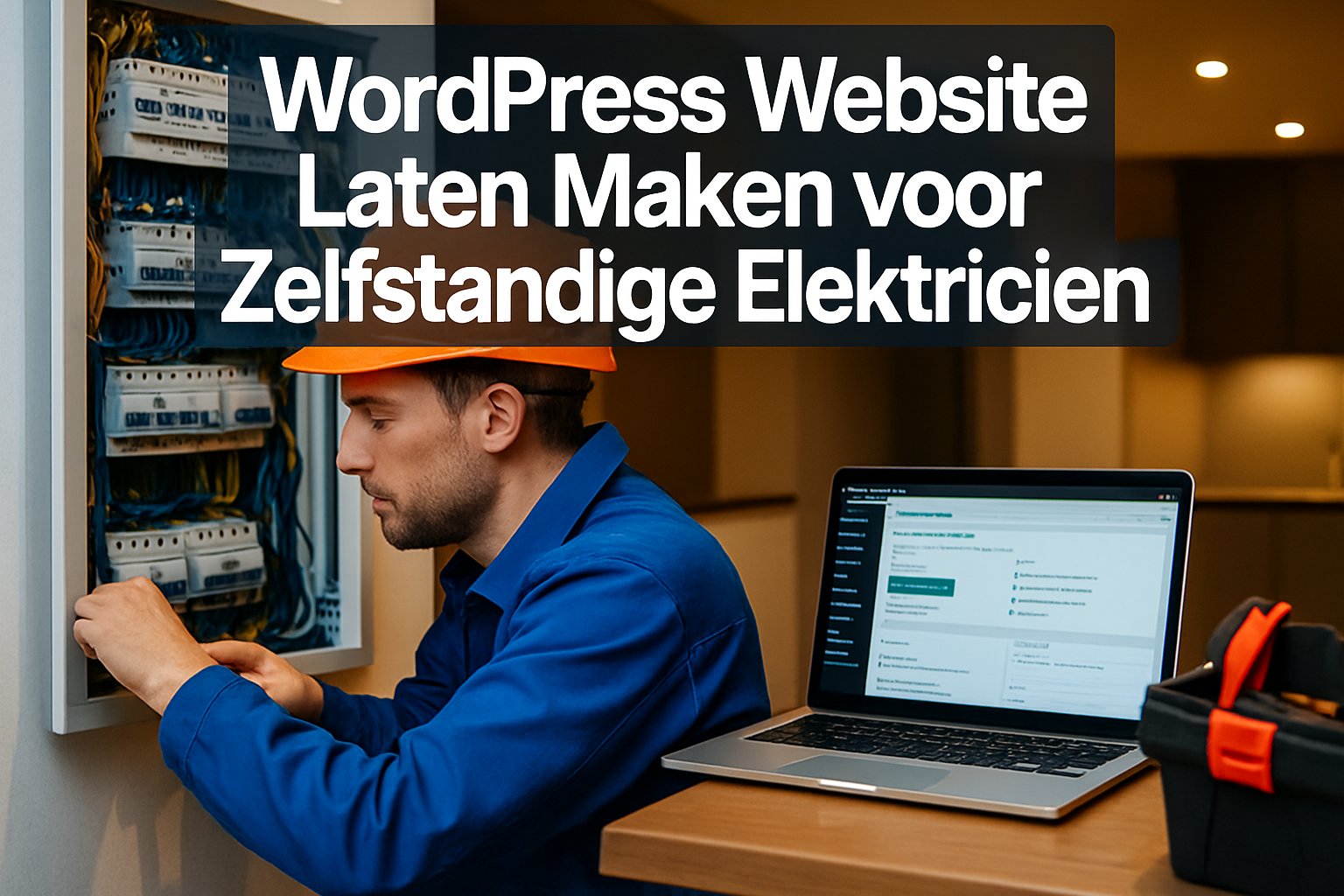Professional landscape hero image (1536x1024) featuring bold text overlay 'WordPress Website Laten Maken voor Zelfstandige Elektricien' in e