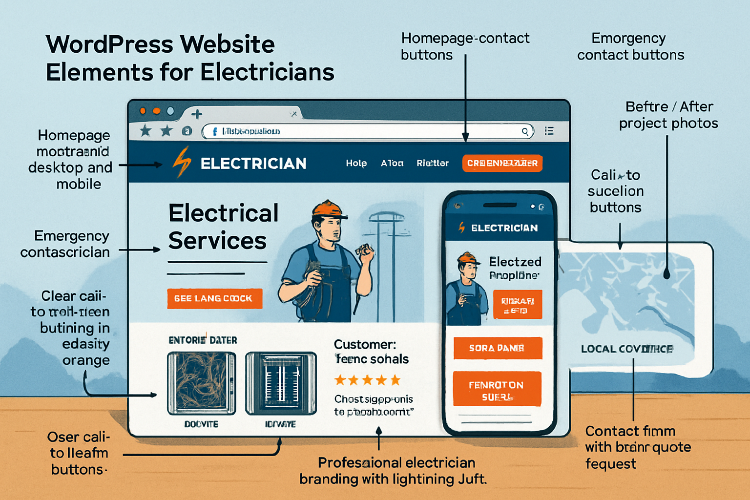 Detailed landscape infographic (1536x1024) showing WordPress website elements specifically designed for electricians: homepage mockup on des