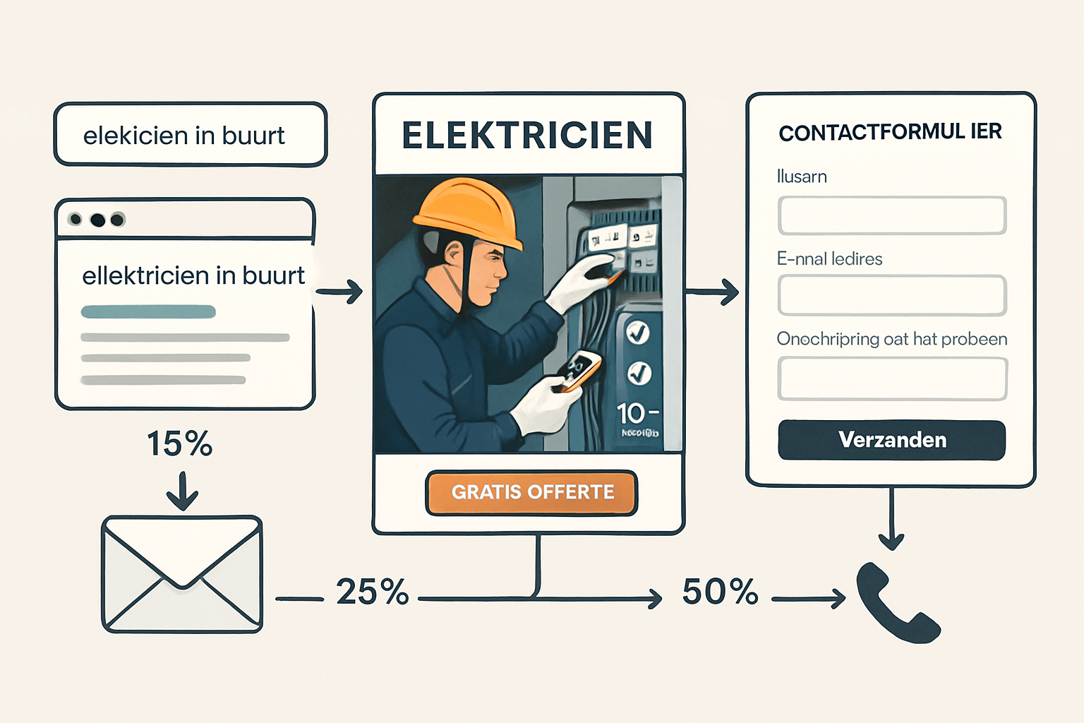 Detailed landscape illustration (1536x1024) showing lead generation process for electrician website: customer journey flowchart from Google 