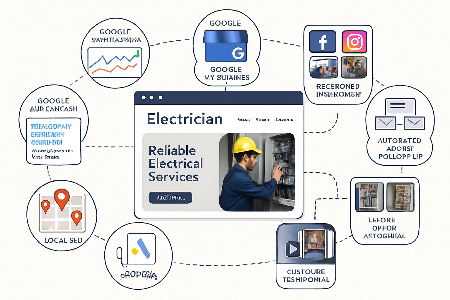 Professional landscape composition (1536x1024) displaying complete digital marketing ecosystem for electrician: central WordPress website mo