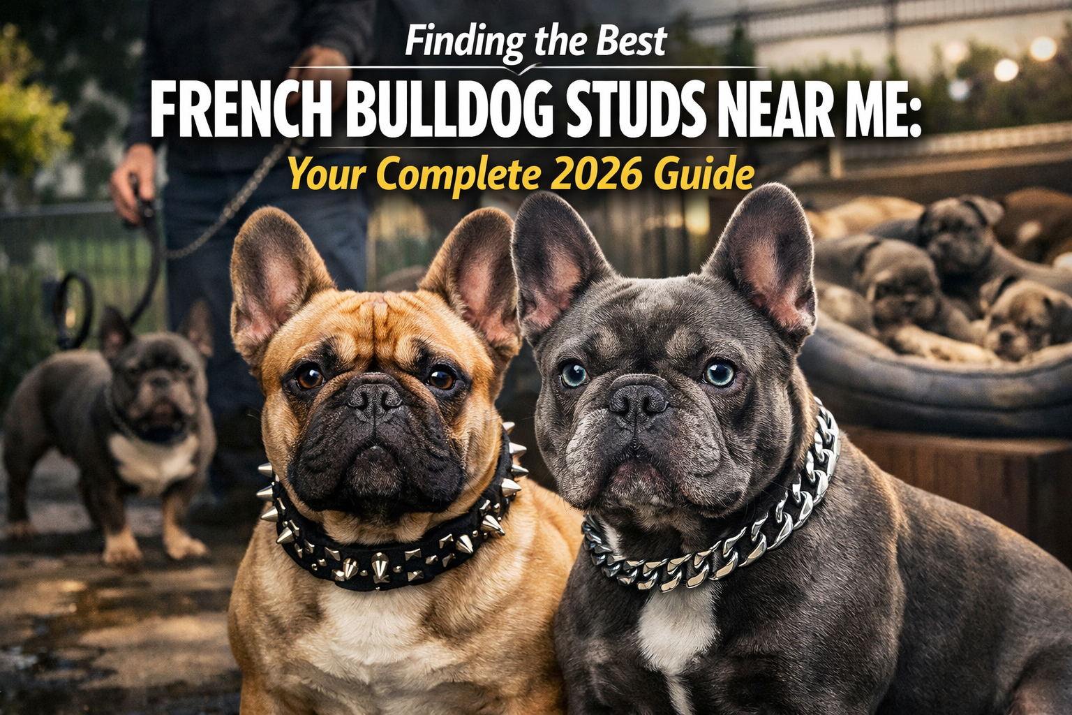 Professional hero image with bold text overlay: "Finding the Best French Bulldog Studs Near Me: Your Complete 2026 Guide". Modern design, hi