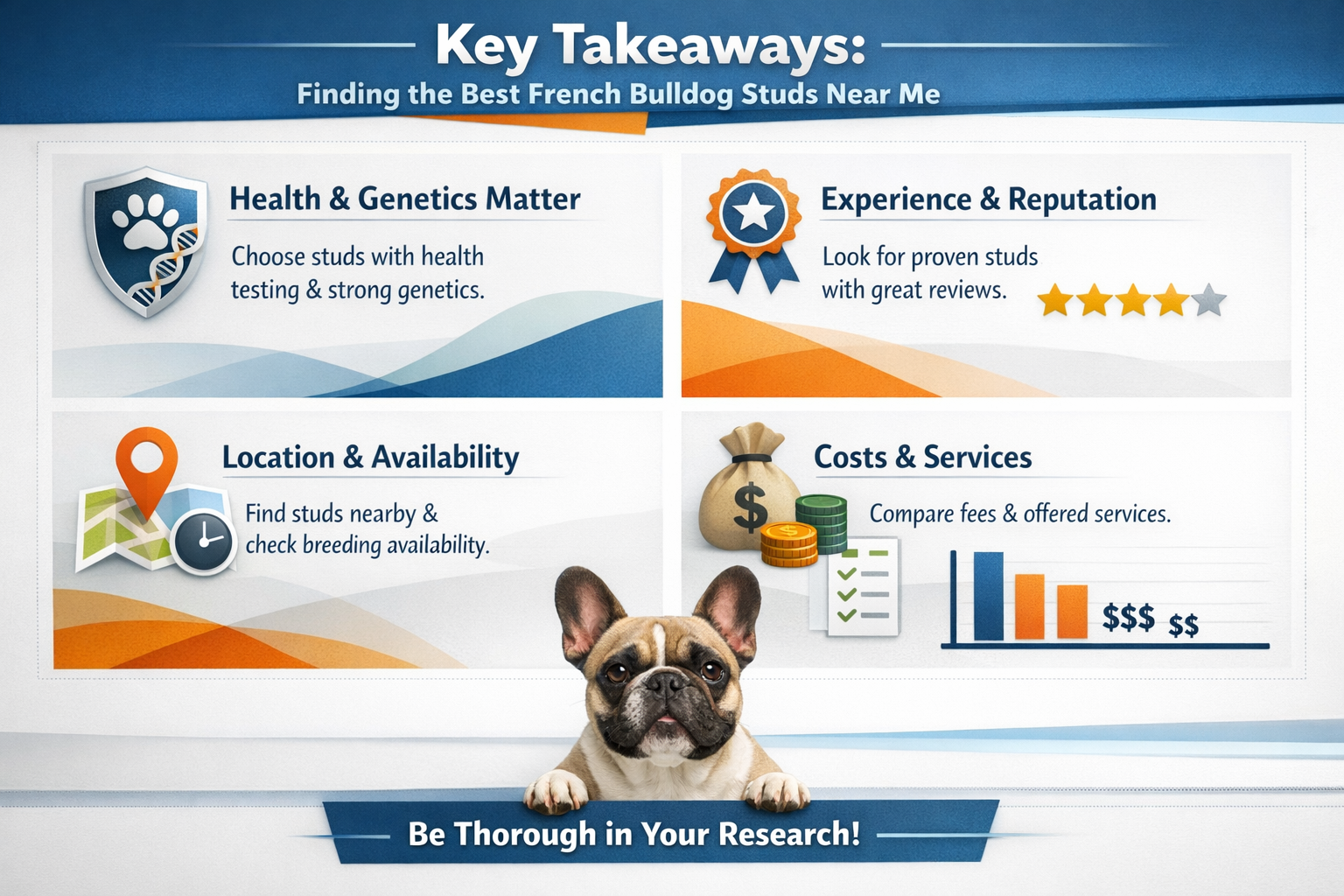 Professional infographic for article "Finding the Best French Bulldog Studs Near Me: Your Complete 2026 Guide", section: "Key Takeaways". In