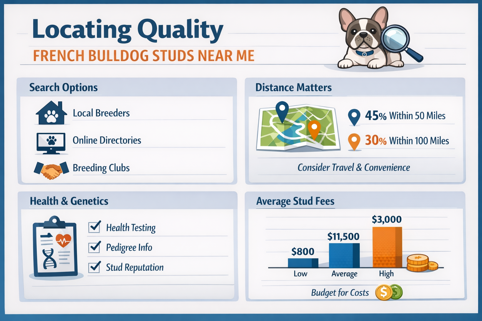Professional infographic for article "Finding the Best French Bulldog Studs Near Me: Your Complete 2026 Guide", section: "Locating Quality F