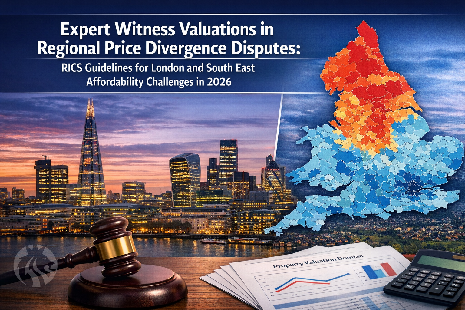 Professional landscape format (1536x1024) hero image featuring bold text overlay 'Expert Witness Valuations in Regional Price Divergence Dis