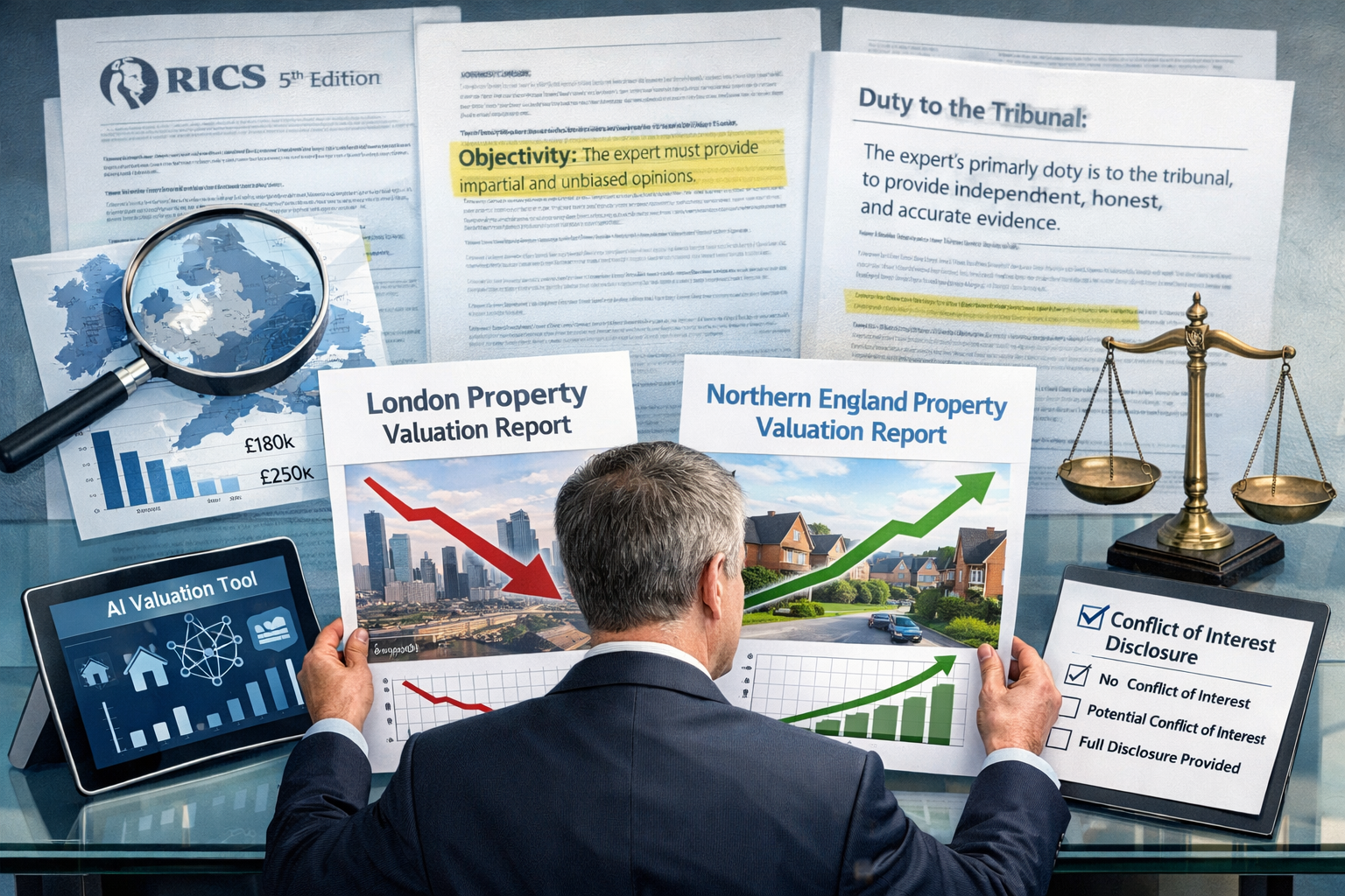 Detailed landscape format (1536x1024) illustration showing RICS expert witness professional in business attire examining dual property valua