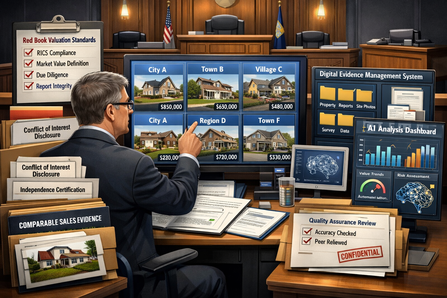 Detailed landscape format (1536x1024) conceptual illustration depicting expert witness valuation methodology for regional disputes. Central