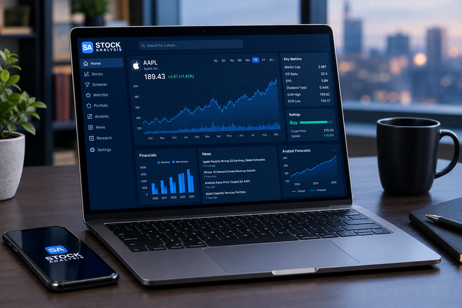 Professional product photography of Stock Analysis Pro (StockAnalysis.com) showing its interface and key features. No text