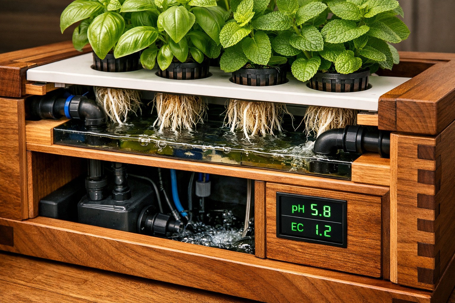 A detailed close-up, eye-level shot of a DIY hydroponic nutrient film technique (NFT) channel, partially disassembled to