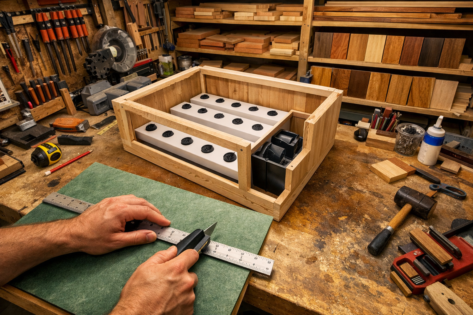 An overhead, wide-angle shot of a well-organized woodworking workshop, with a partially constructed wooden enclosure for a