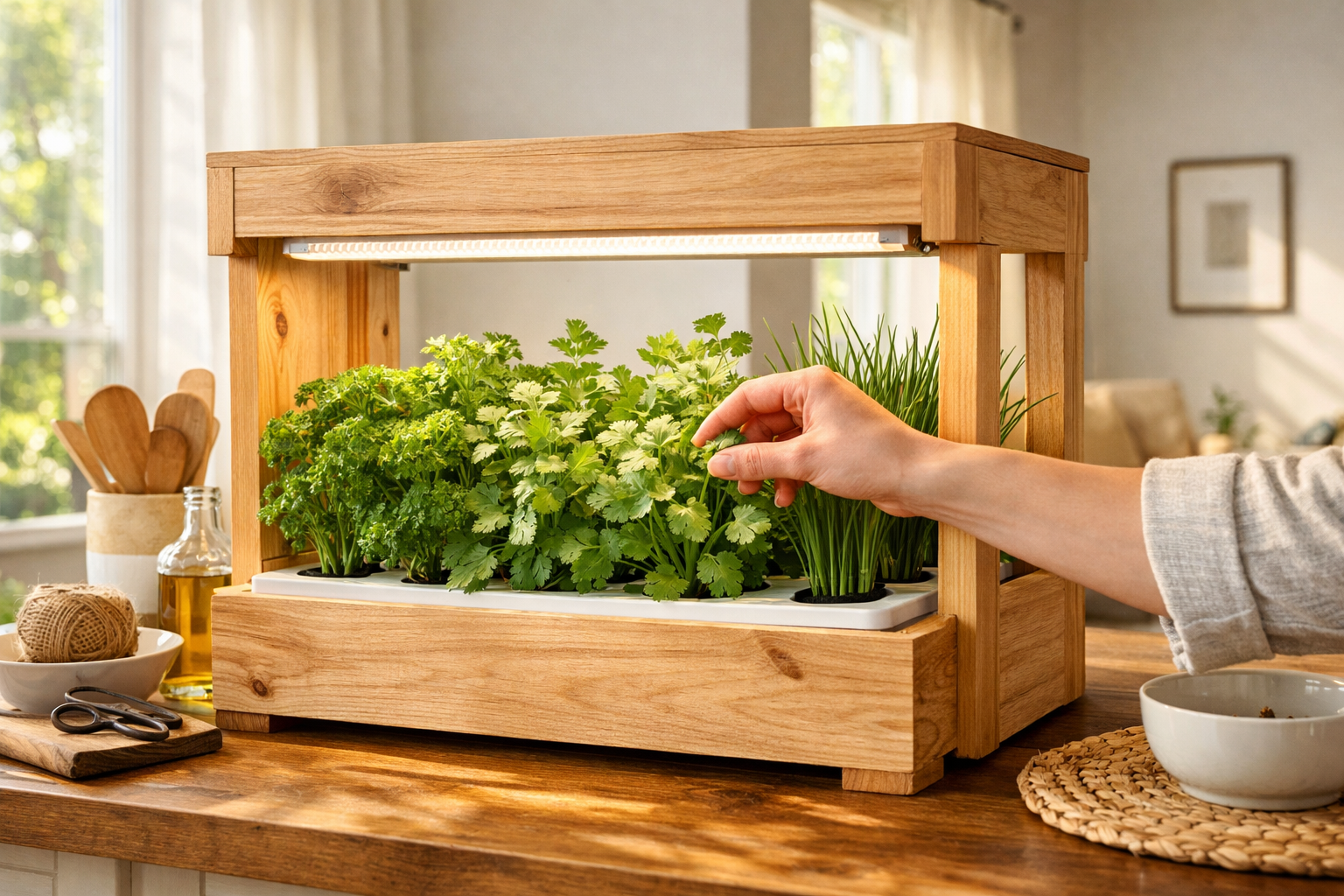 A beautifully styled scene featuring a fully operational DIY hydroponic herb garden with its custom wooden enclosure,