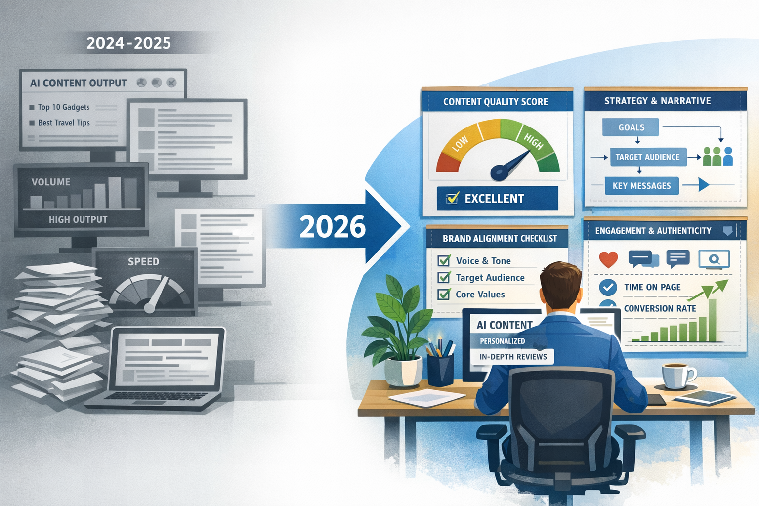 Landscape format (1536x1024) editorial illustration showing the evolution of AI content creation in affiliate marketing. Left third displays
