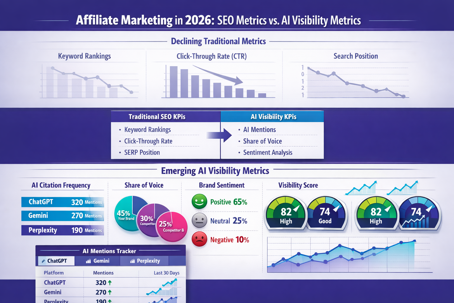 Landscape format (1536x1024) infographic-style visualization comparing traditional SEO metrics versus new AI visibility metrics for affiliat