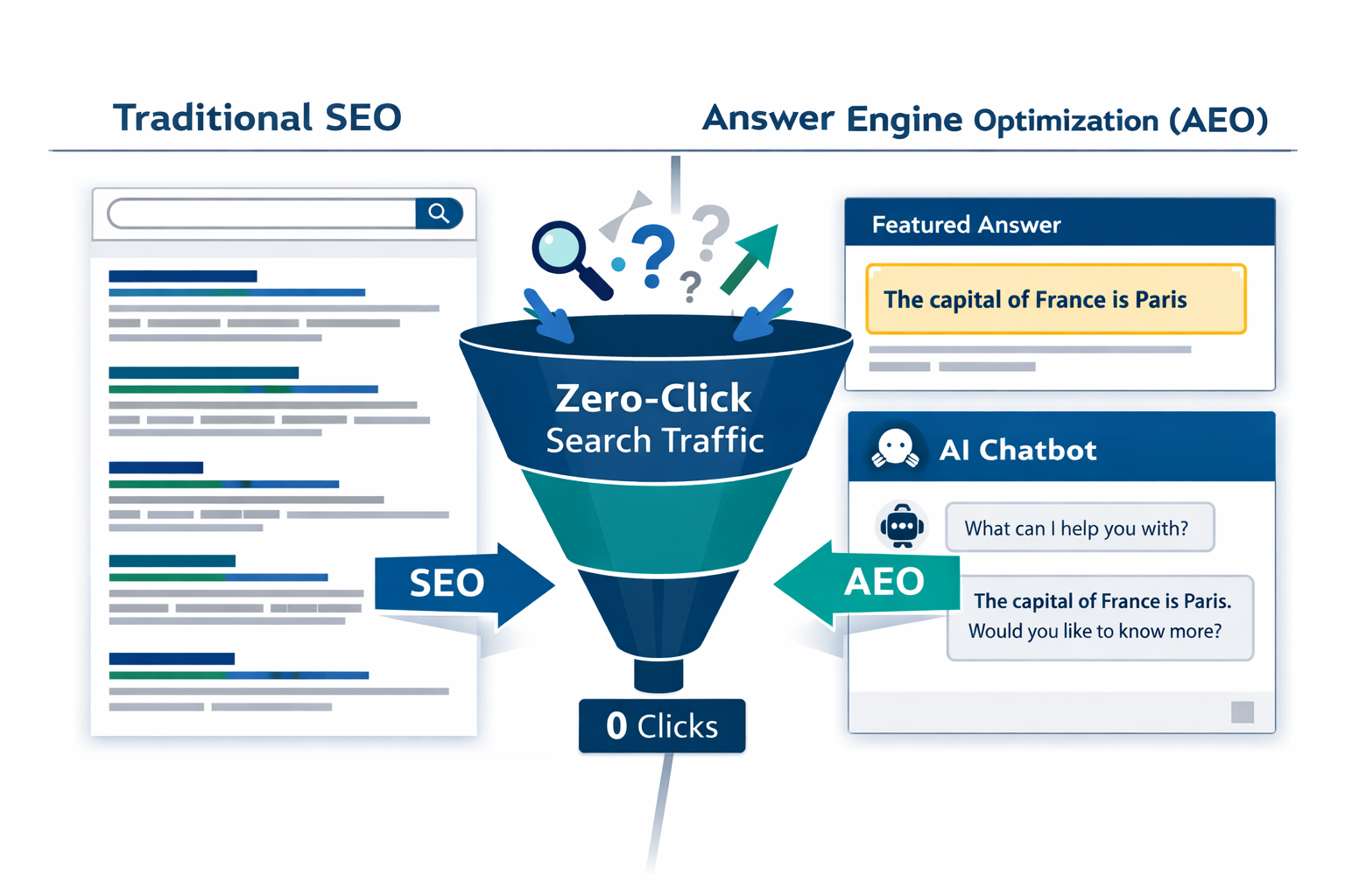 Landscape format (1536x1024) conceptual illustration showing Answer Engine Optimization versus traditional SEO: a split diagram with a classic search results page on the left transforming into a featured answer box and AI chatbot response panel on the right. Include labeled arrows showing 'AEO' and 'GEO' tags, a funnel graphic showing zero-click search traffic, and a clean infographic style with navy blue and teal color palette, white background, professional editorial quality. 