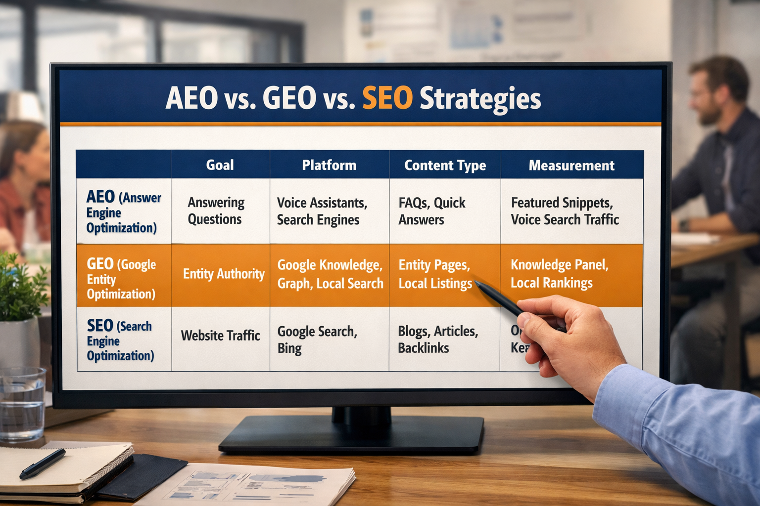 Landscape format (1536x1024) showing a detailed comparison table graphic between AEO, GEO, and traditional SEO strategies displayed on a large monitor screen in a modern marketing agency office. The table includes columns for 'Goal', 'Platform', 'Content Type', and 'Measurement'. A marketer points at the screen with a stylus. Background shows blurred team members collaborating. Color scheme: white, deep blue, amber highlights. Clean, professional, editorial style. 
