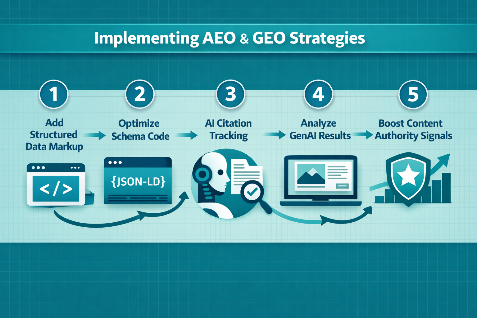 Landscape format (1536x1024) step-by-step process infographic showing how to implement AEO and GEO strategies: numbered steps displayed as connected nodes on a digital flowchart, including icons for structured data markup, schema code, AI citation tracking, generative engine results, and content authority signals. Flat design style with teal and navy color palette, subtle grid background, professional marketing technology aesthetic, wide editorial format. 