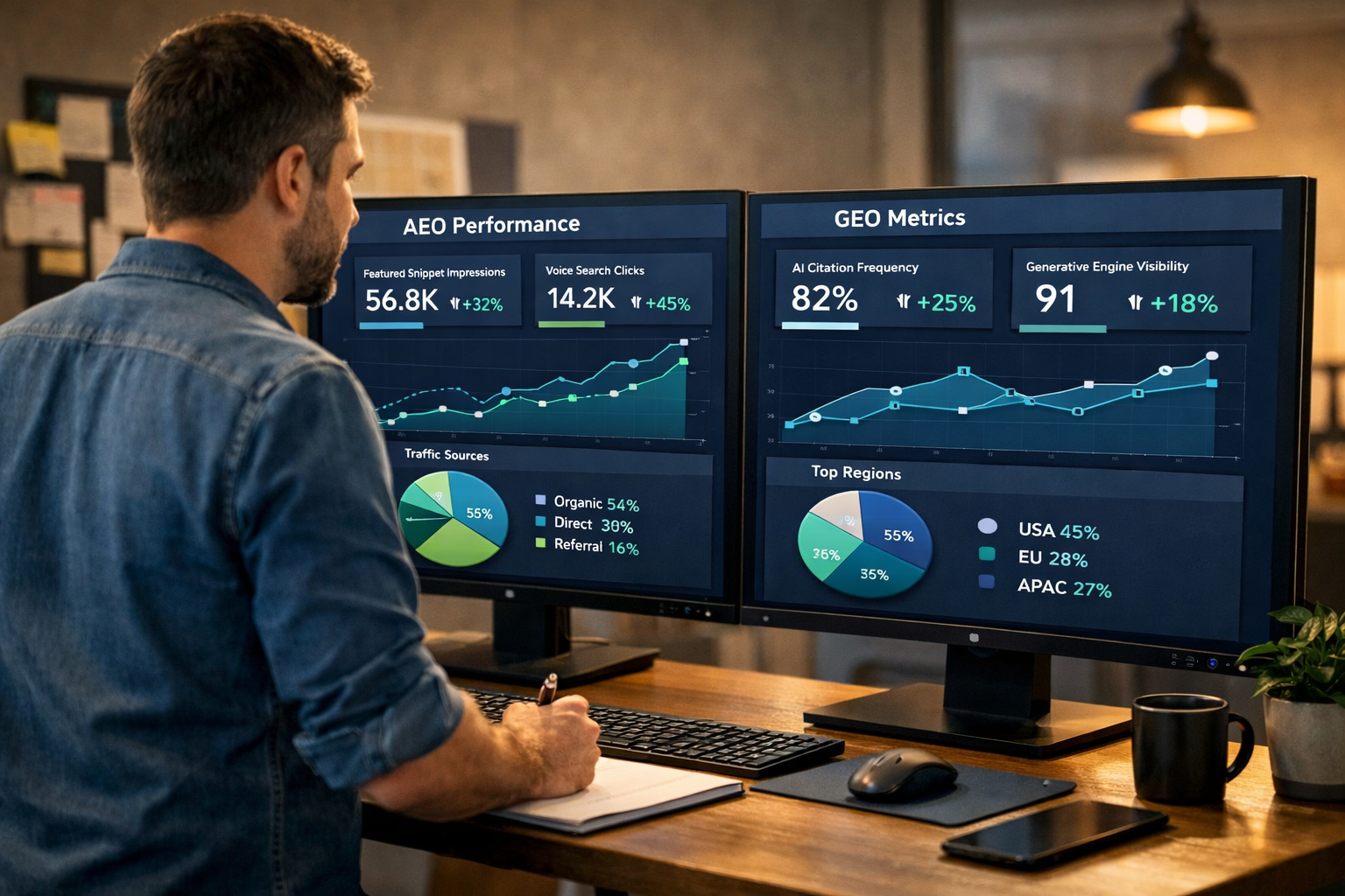 Landscape format (1536x1024) showing a marketer at a standing desk reviewing a dashboard with two side-by-side analytics panels: one labeled 'AEO Performance' showing featured snippet impressions and voice search clicks, the other labeled 'GEO Metrics' showing AI citation frequency and generative engine visibility scores. Data visualizations include line graphs trending upward, pie charts, and KPI cards. Warm office lighting, realistic editorial photography style, navy and teal accent colors. 