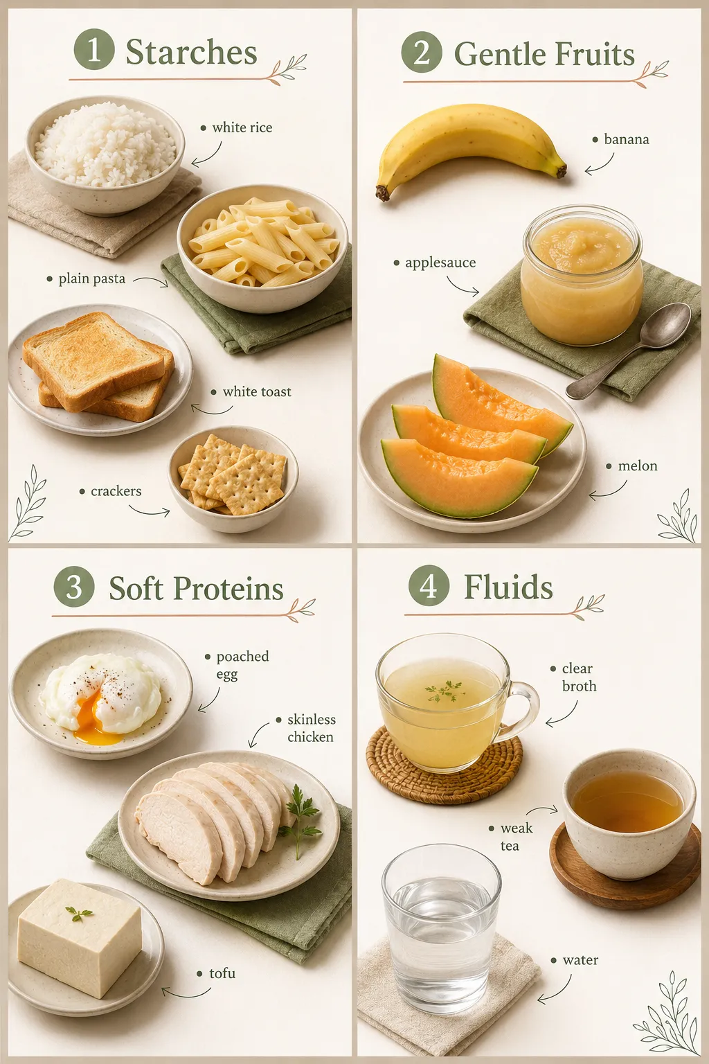 Bland diet food categories including starches, gentle fruits, soft proteins and fluids