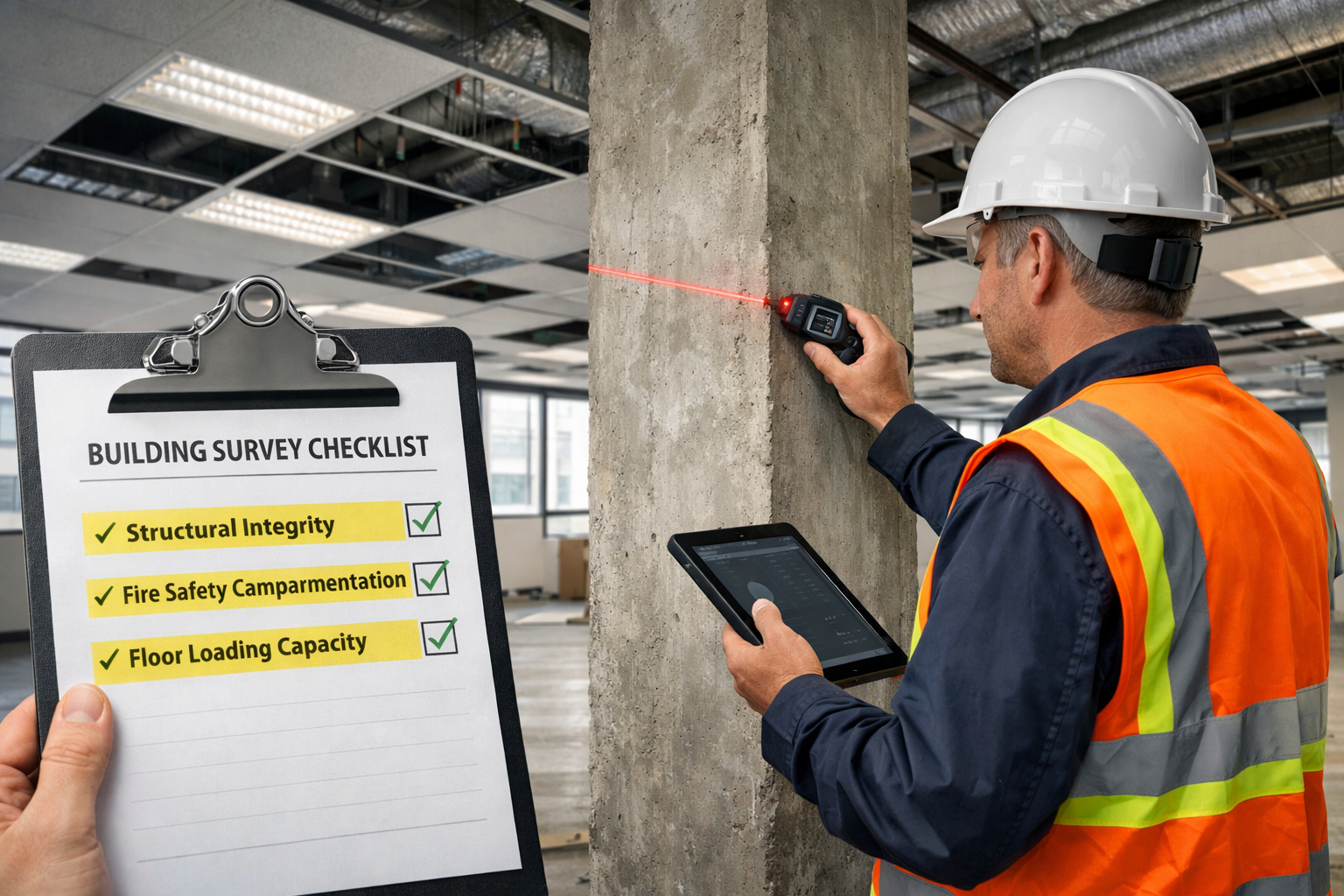 () editorial photograph showing professional chartered surveyor conducting detailed structural assessment inside office