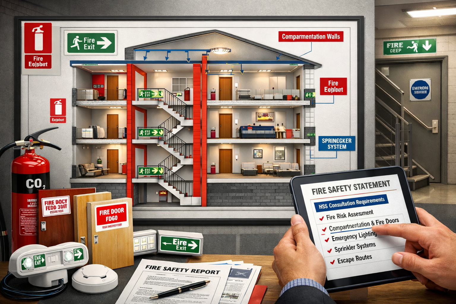 () detailed infographic-style photograph showing fire safety compliance assessment for office-to-residential conversion.