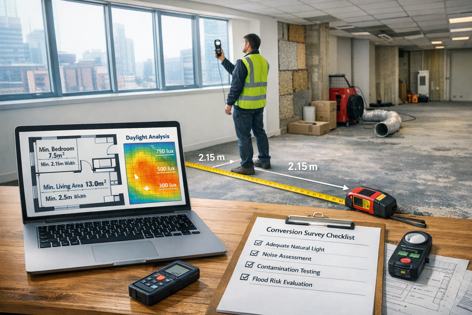() professional photograph depicting habitability and space standards assessment during office-to-resi conversion survey.