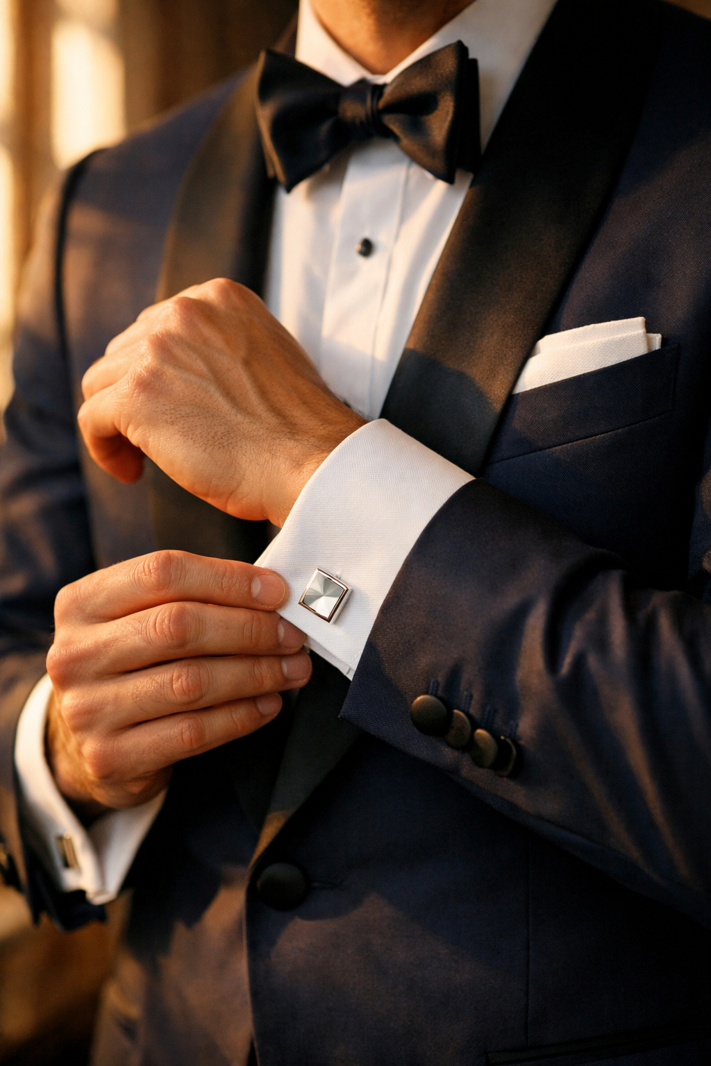 Detailed portrait/Pinterest format () close-up editorial photograph of a man's torso and hands adjusting silver cufflinks on