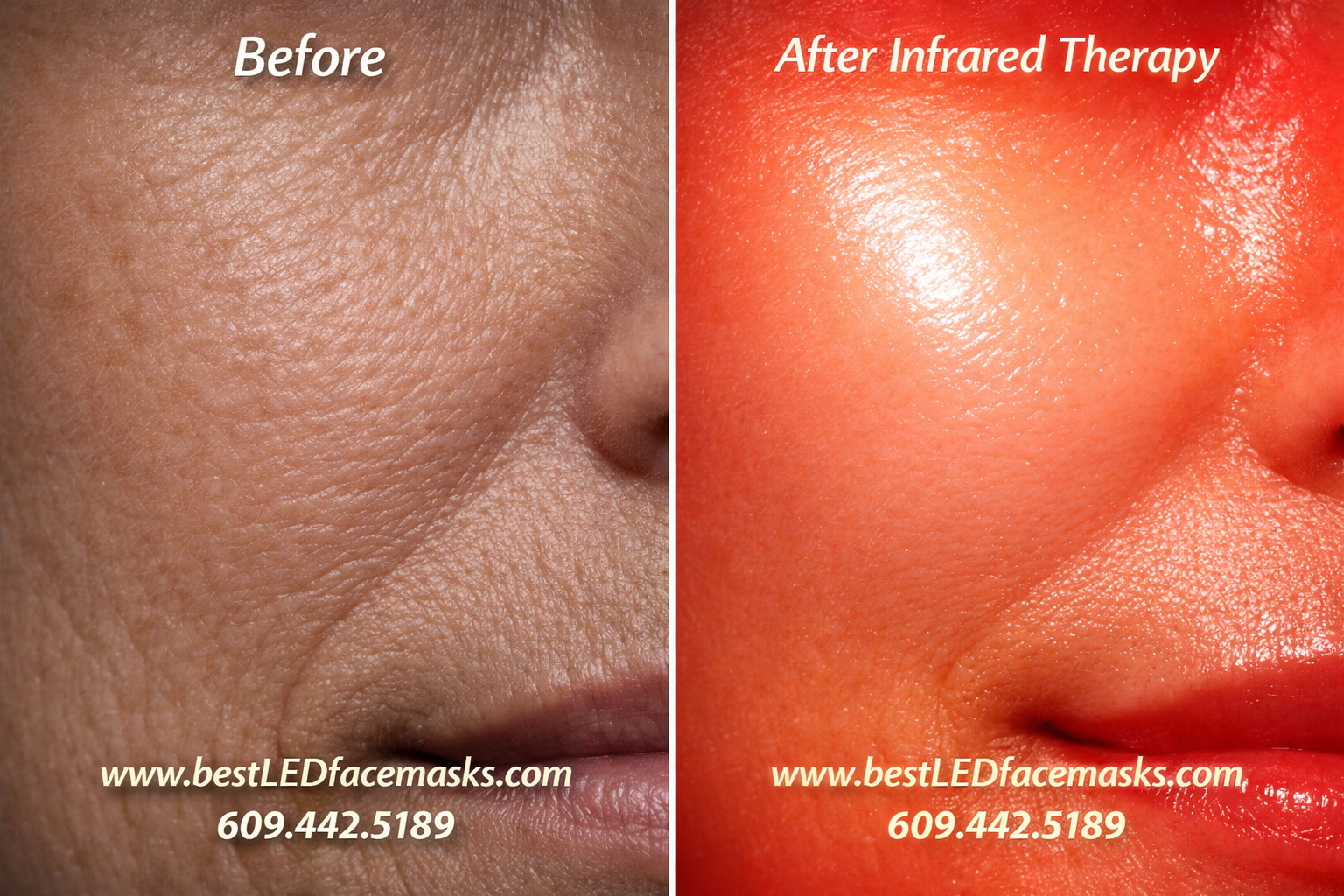 () split-scene comparison image: left side shows close-up of skin with visible fine lines and dullness labeled 'Before';