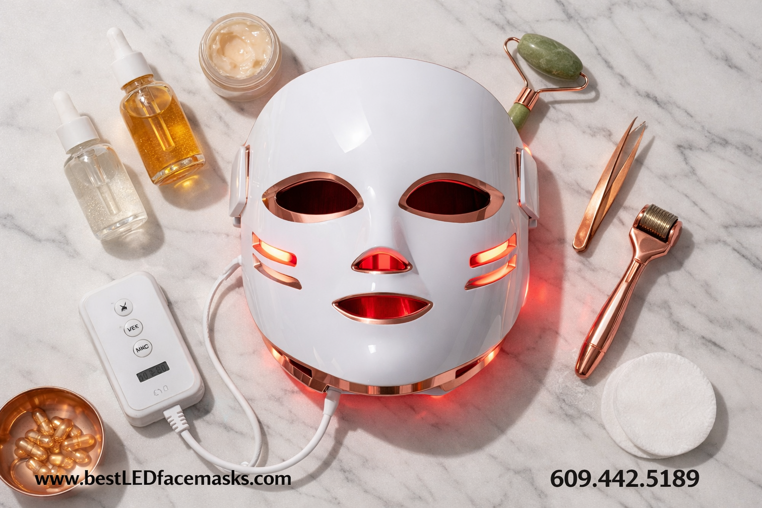 () overhead flat-lay product shot of a premium LED and laser infrared face mask device on a white marble surface, surrounded