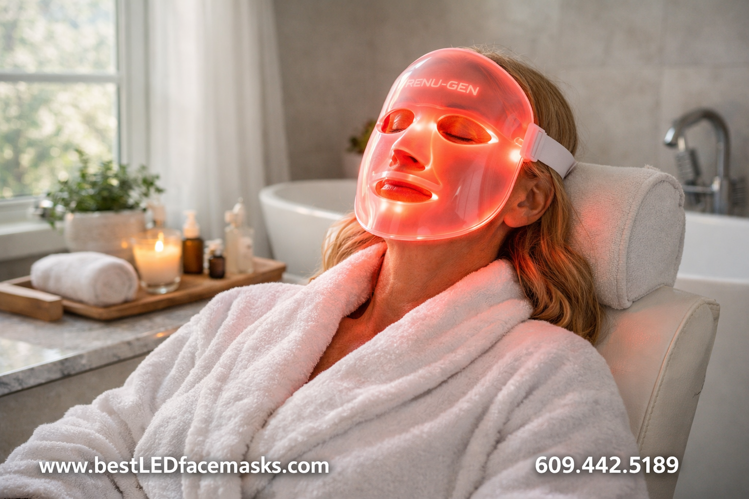 () lifestyle photograph of a woman in her 40s relaxing at home wearing a glowing Renu-Gen LED face mask, sitting in a bright