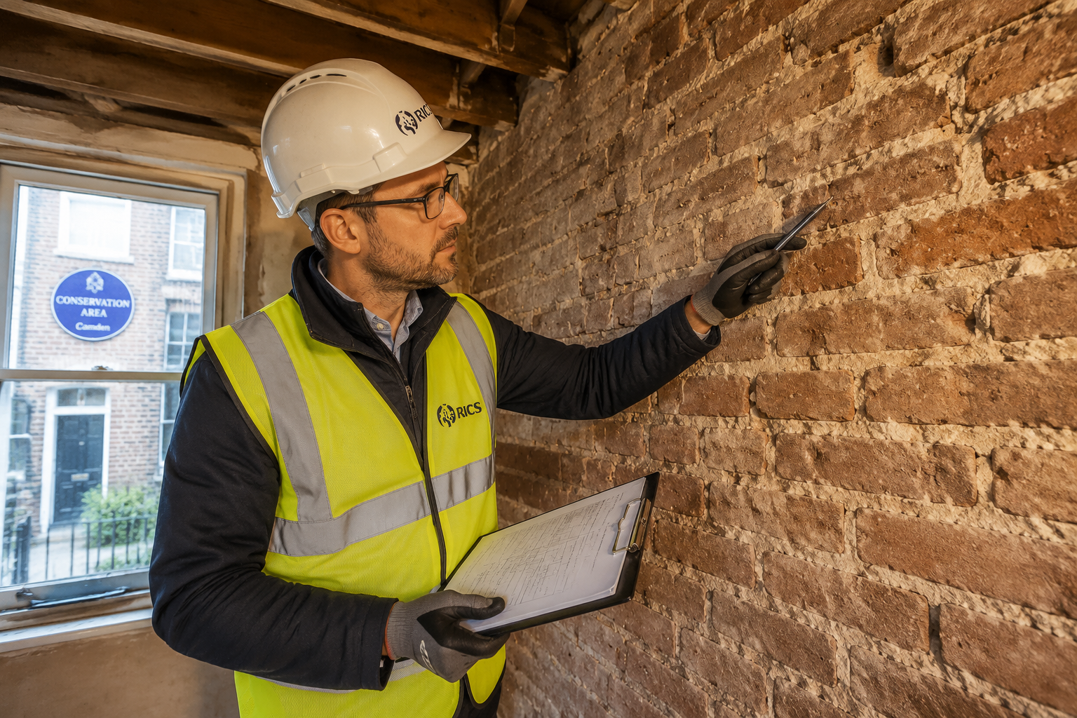 Detailed () showing a RICS chartered surveyor in hard hat and hi-vis vest carefully examining the exposed brickwork and lime