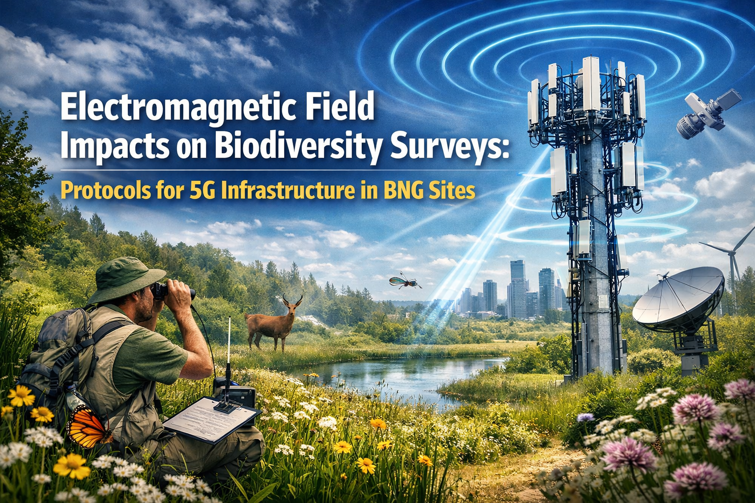 Professional landscape hero image () with : "Electromagnetic Field Impacts on Biodiversity Surveys: Protocols for 5G