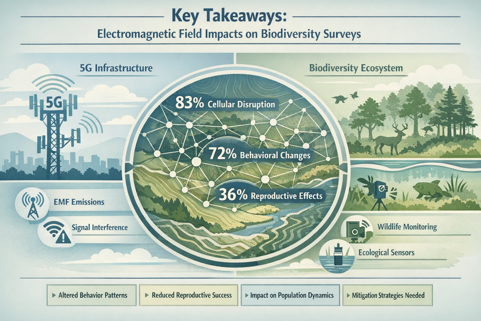 Infographic summarizing 'Key Takeaways' for Electromagnetic Field Impacts on Biodiversity Surveys, featuring a split-screen