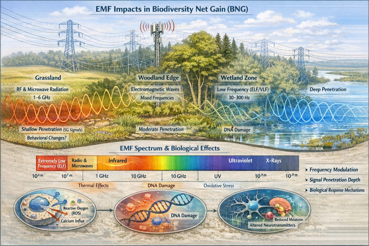Detailed scientific illustration exploring EMF characteristics and biological interactions in Biodiversity Net Gain (BNG)