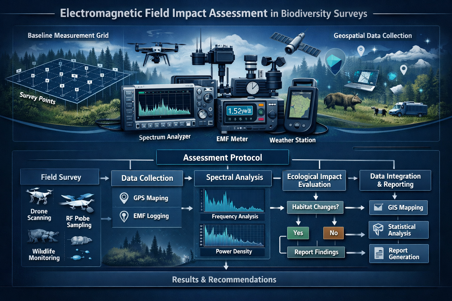 Comprehensive protocol development visualization for Electromagnetic Field Impact Assessment in biodiversity surveys.