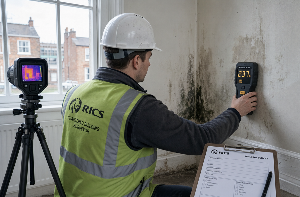 Detailed () showing a UK chartered building surveyor in high-visibility vest and hard hat using a professional digital