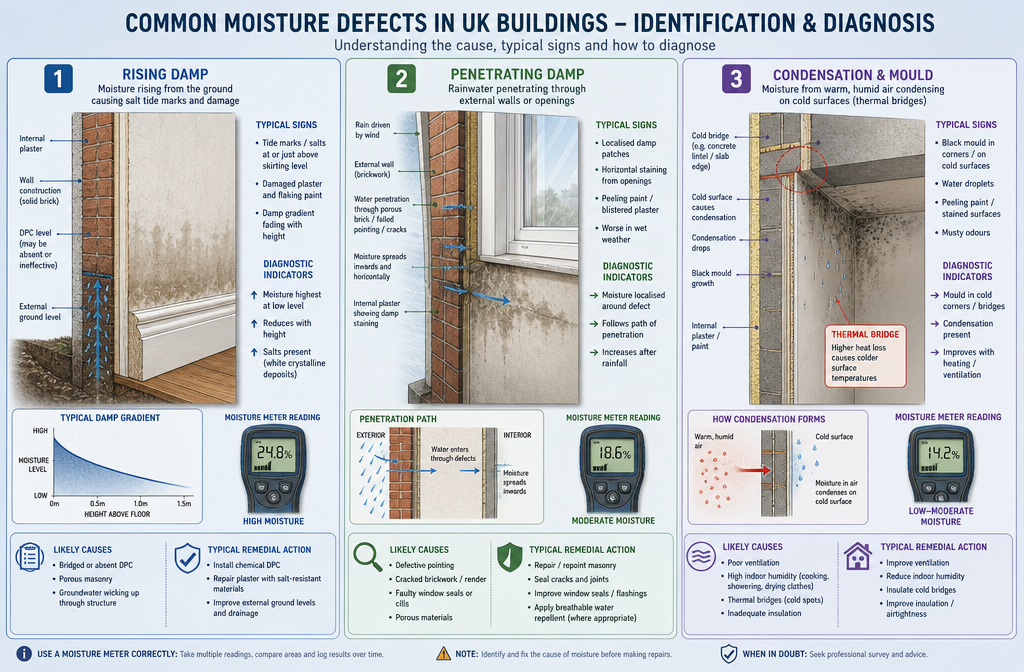 Detailed () infographic-style illustration showing three moisture defect types side by side: rising damp with salt tide