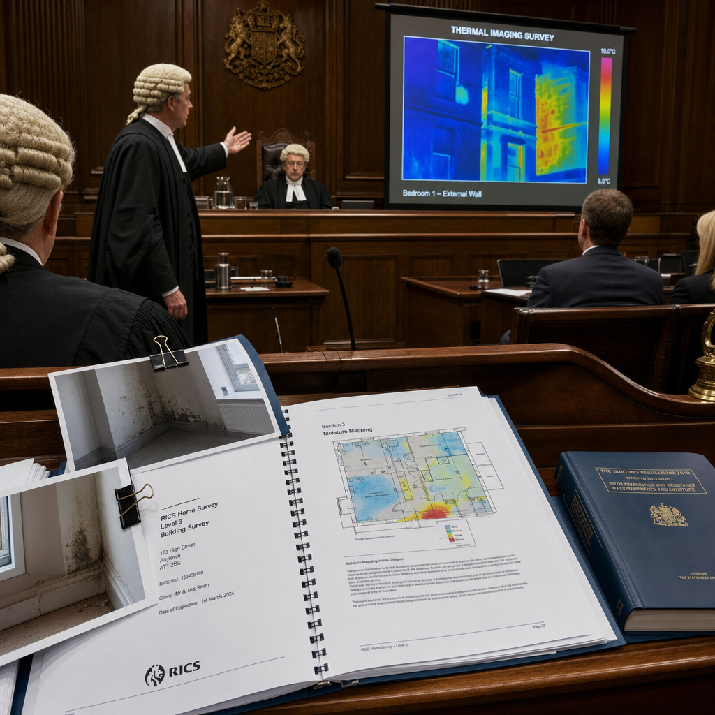 Detailed () showing a formal UK courtroom scene from surveyor perspective: a wooden witness stand with a bound RICS Level 3
