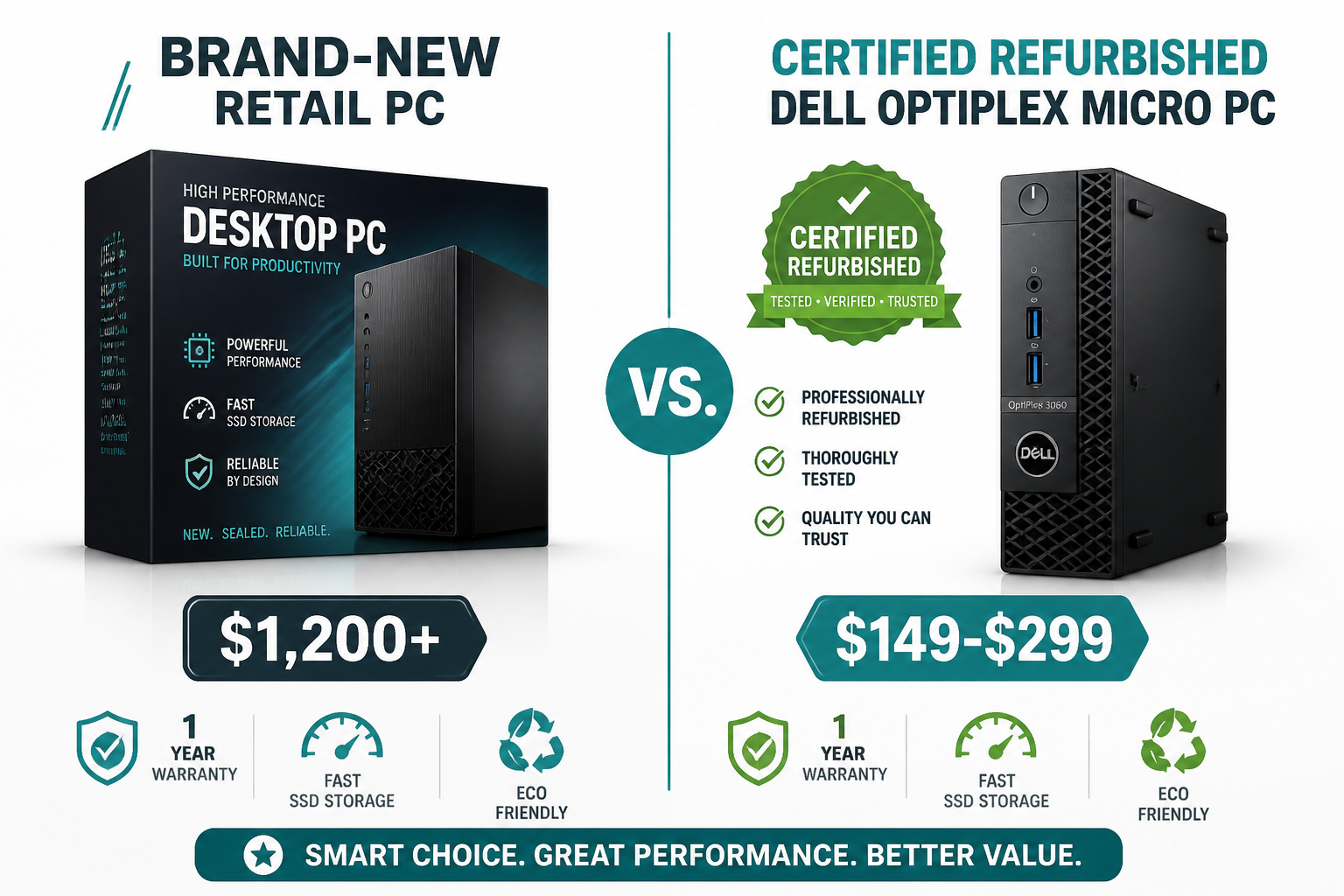 Wide () split-screen comparison graphic: LEFT side shows a brand-new boxed retail PC with a high price tag (Side-by-side comparison of new retail PC versus professionally refurbished desktop with price tags and certification badge,200+), RIGHT