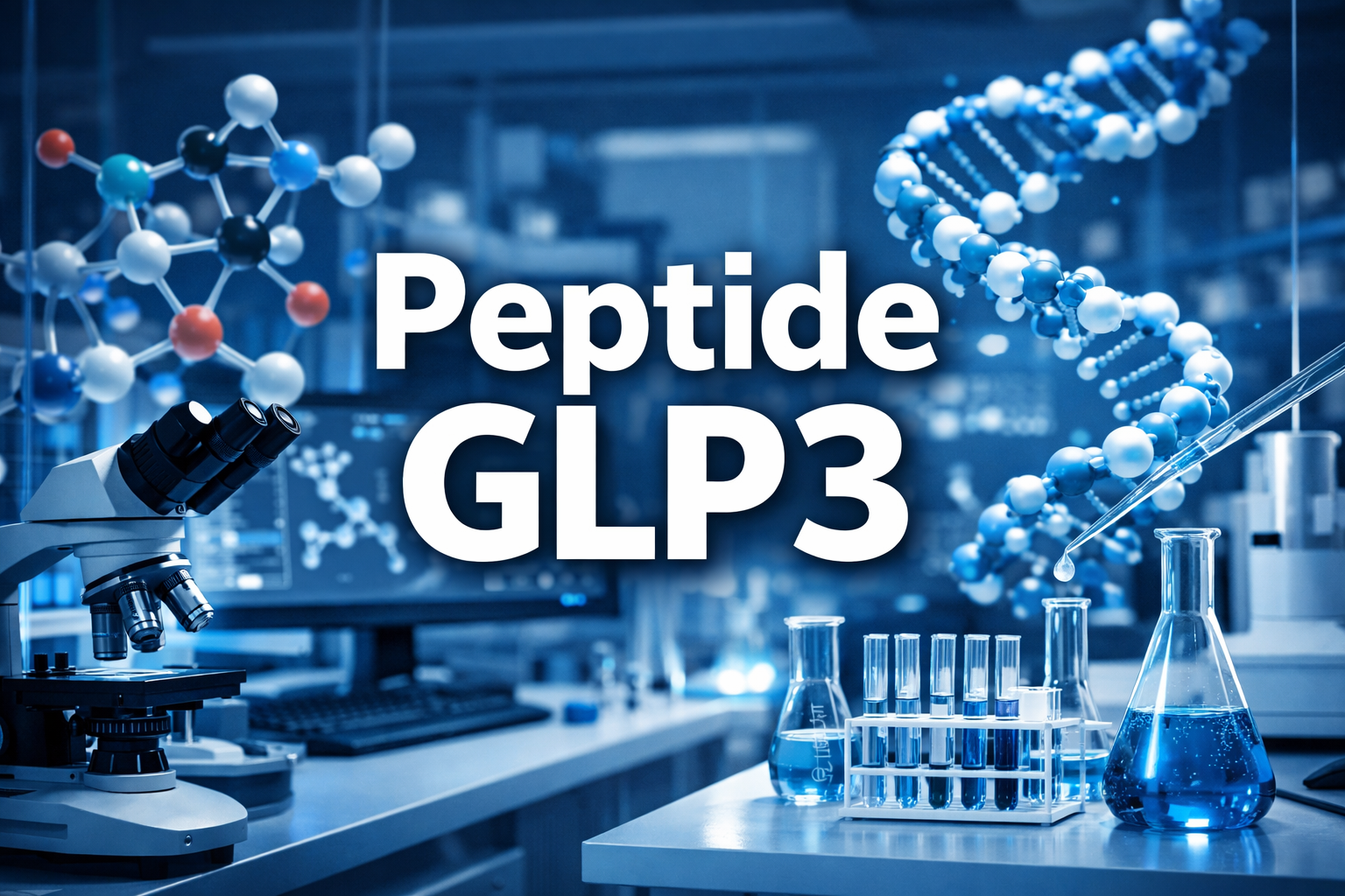 Professional landscape laboratory image (1536x1024) with bold text overlay 'Peptide GLP3' in 70pt white sans-serif font with dark shadow, ce