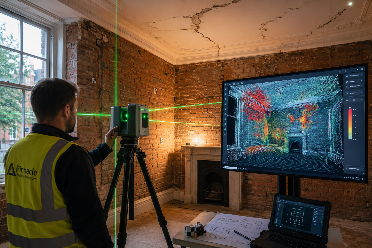 Wide () showing a professional surveyor operating a tripod-mounted 3D laser scanner inside a period property with exposed