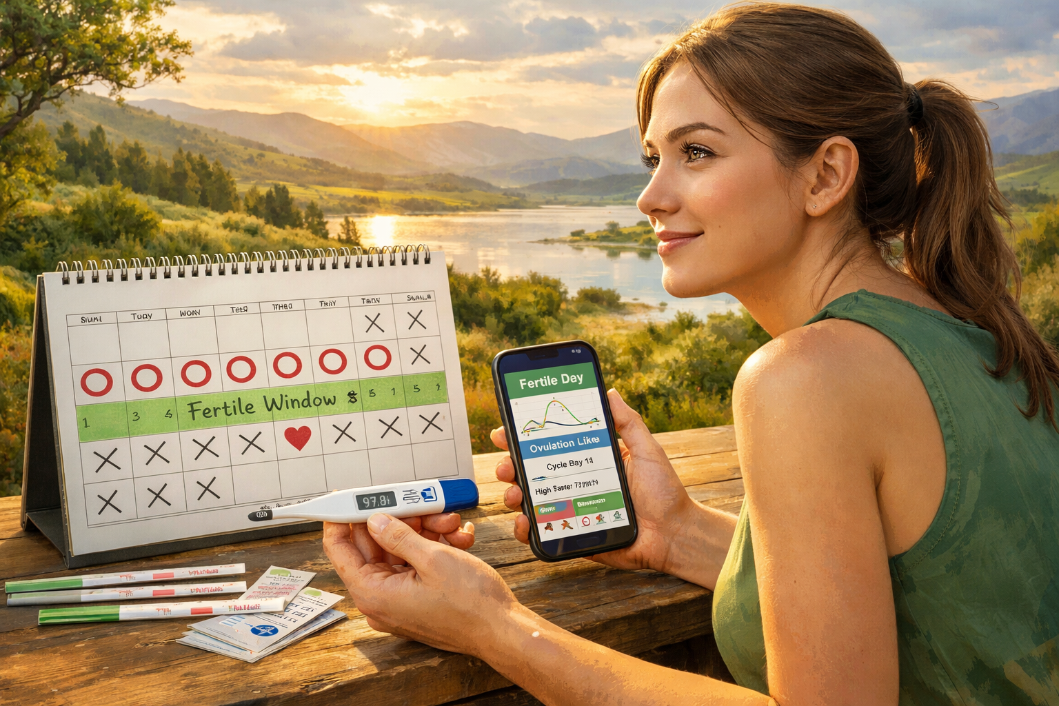 A realistic yet stylized landscape image () depicting a woman tracking her cycle using various methods: a calendar with